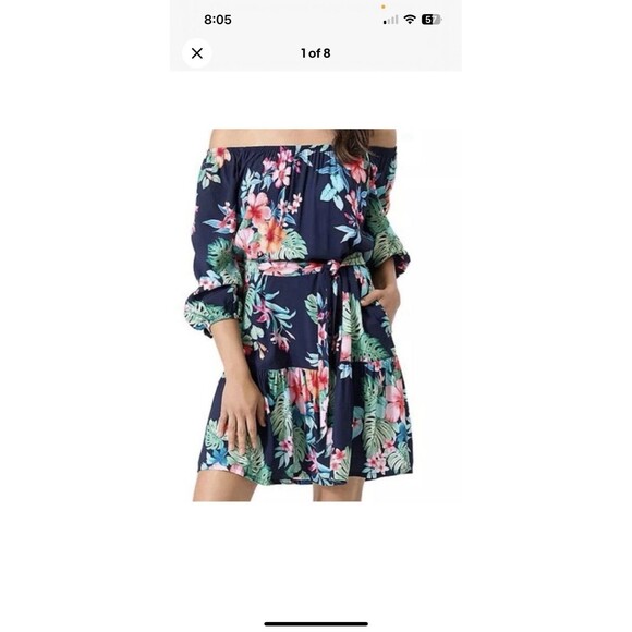 Tommy Bahama Flora Off Shoulder Dress Coverup XS Navy Belt Tropical Hawaiian NWT - Picture 1 of 16